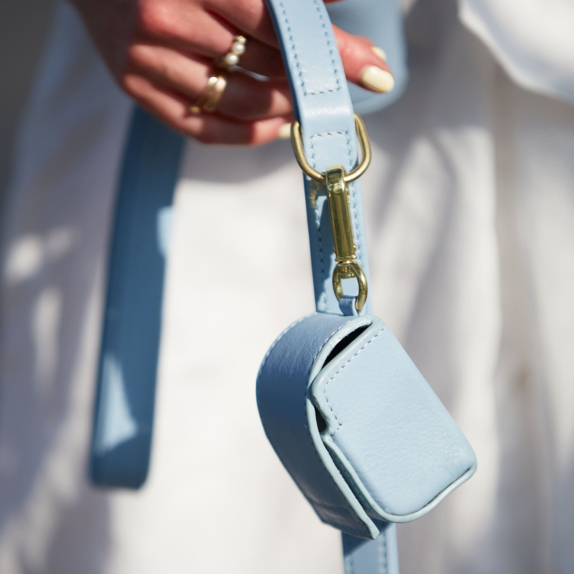 Praktischer und stylischer  Kotbeutelspender für Hunde aus echtem Leder in hellem Blau mit goldenen Details.