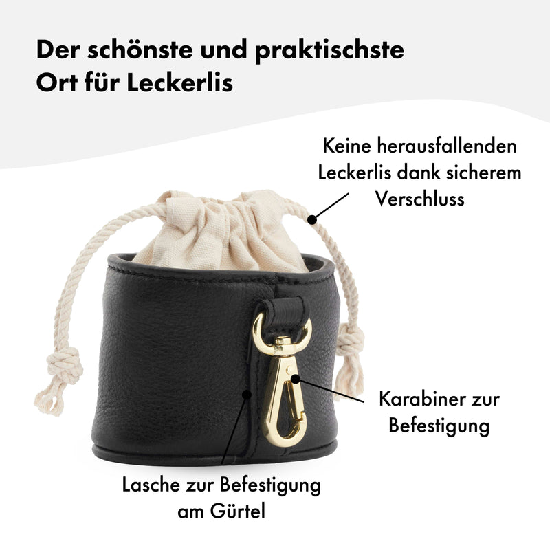 Praktischer Leckerlibeutel aus echtem Leder für Hundeleckerlis - hochwertiges Accessoire für Hundeerziehung und Training in edlem Schwarz